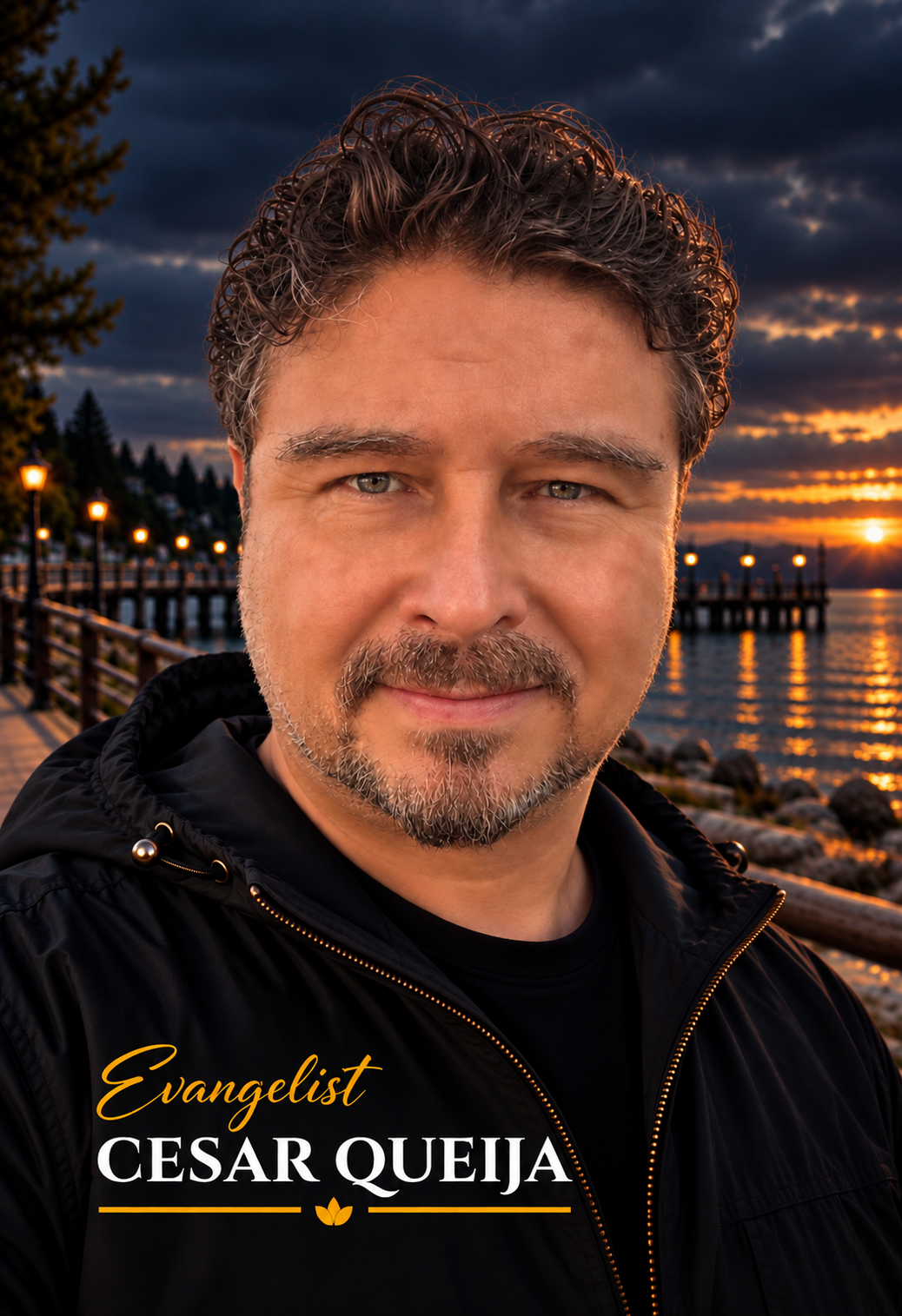 About 1 Evangelist Cesar Queija by the waterfront at dusk