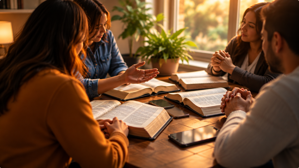 About 4 Small group studying open Bibles around a table