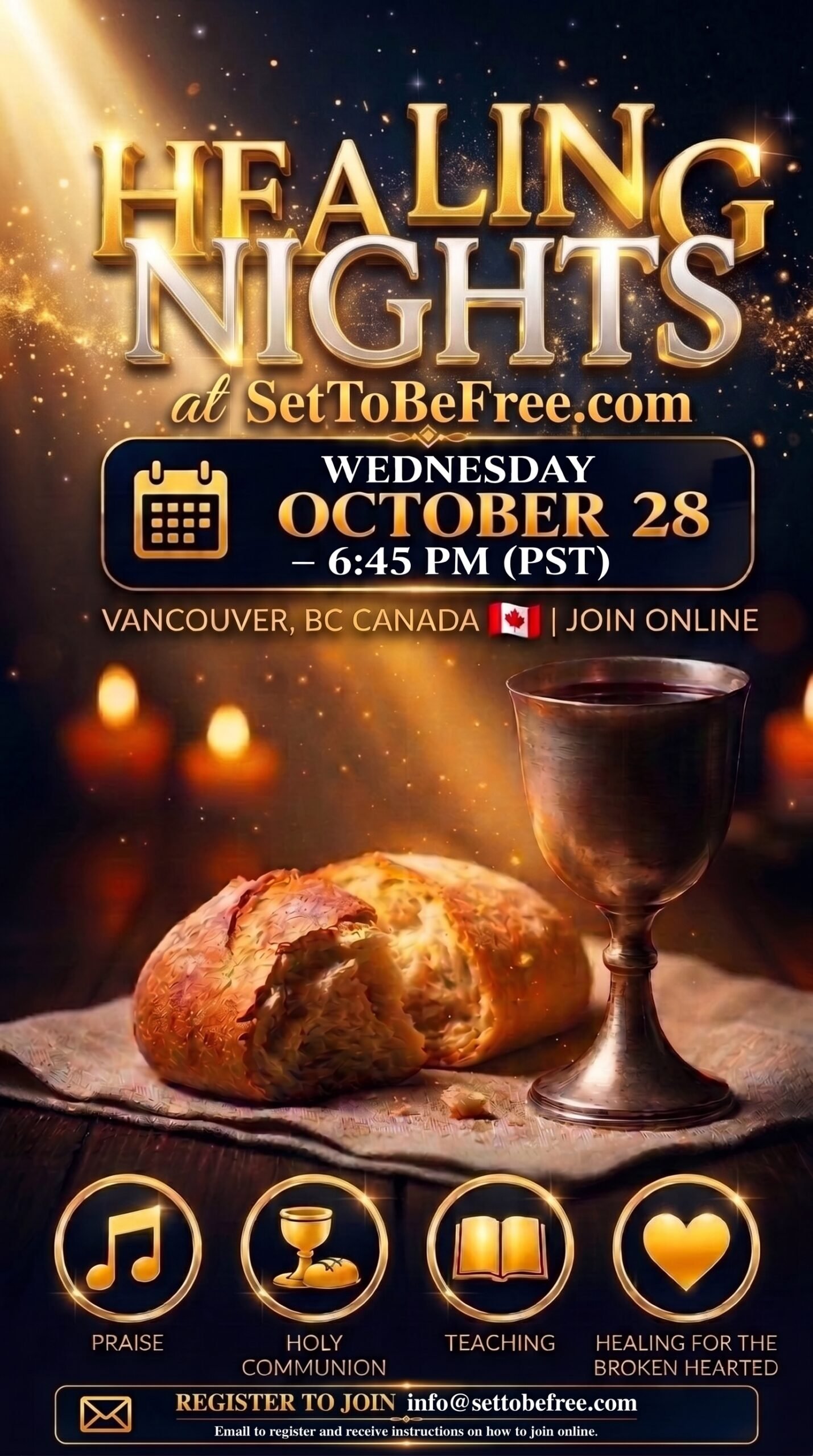 Healing Nights Holy Communion invitation for October 28, 2026, with bread and a communion cup